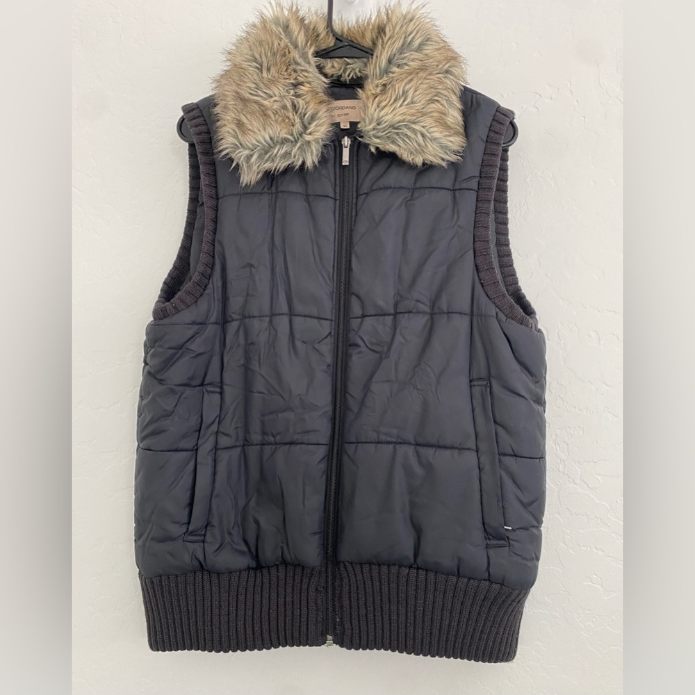 (2) Giordano Vest Women XLarge Brown Puffer Vest Faux Fur Collar Hiking Outdoor